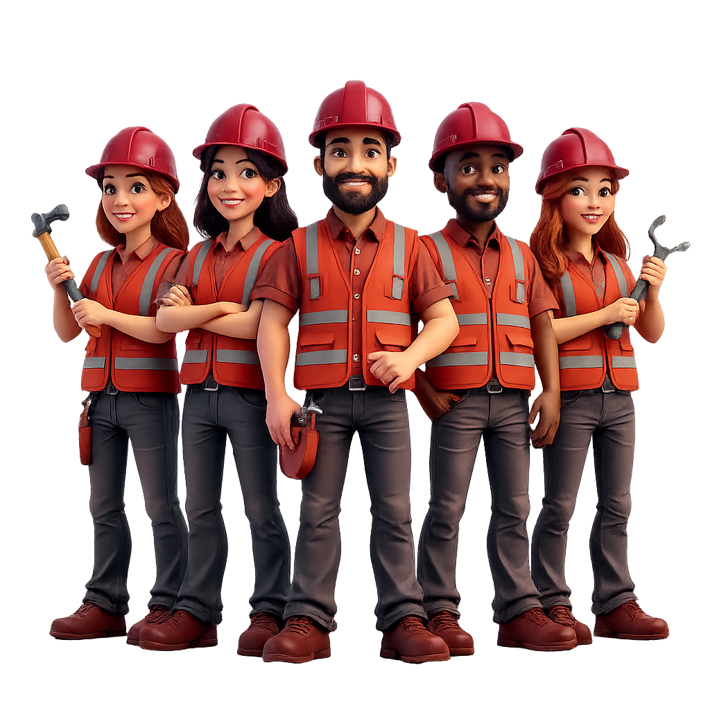 The Right Word Technical Works team — five smiling technicians in orange safety vests and hard hats holding tools